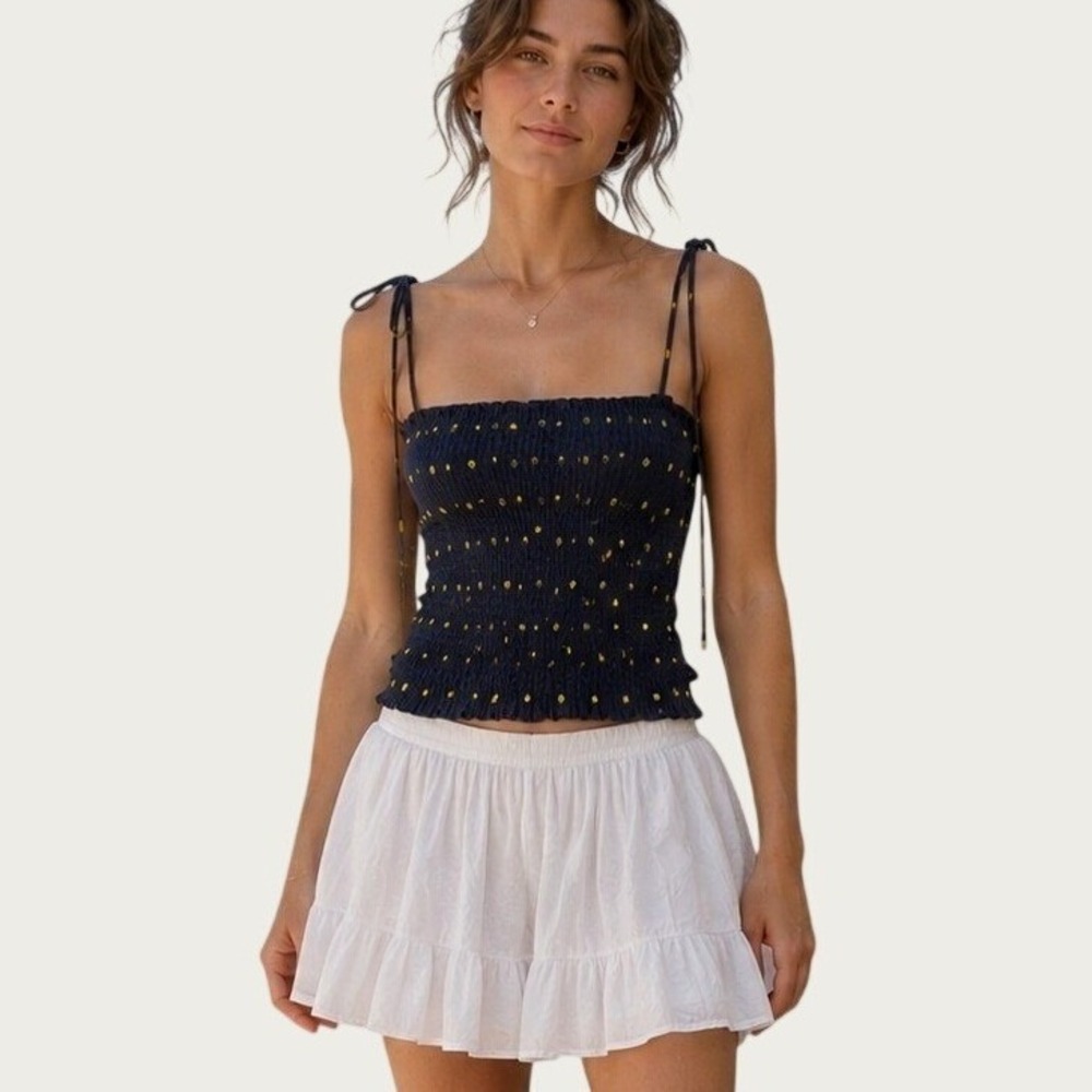Zara Navy Smocked Polka Dot Cami Top Medium Tie Strap Crop Coastal Mediterranean